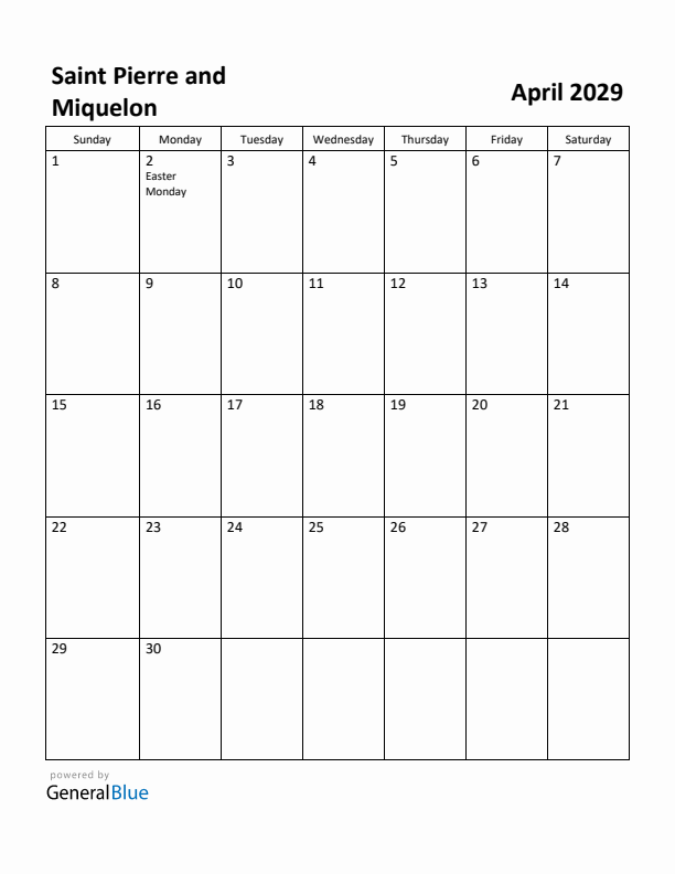 April 2029 Calendar with Saint Pierre and Miquelon Holidays