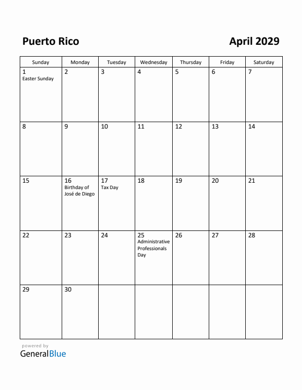 April 2029 Calendar with Puerto Rico Holidays