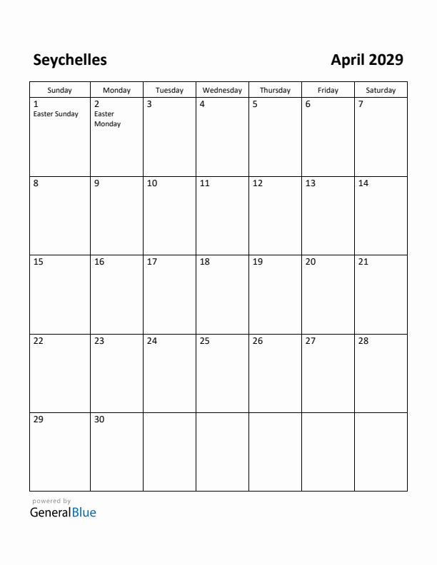 April 2029 Calendar with Seychelles Holidays