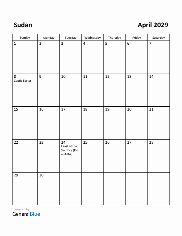 April 2029 Calendar with Sudan Holidays