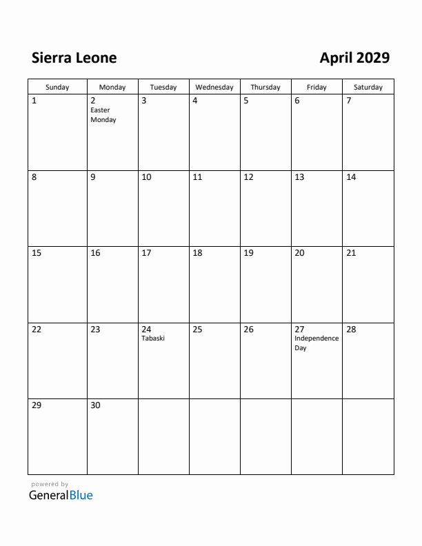 April 2029 Calendar with Sierra Leone Holidays