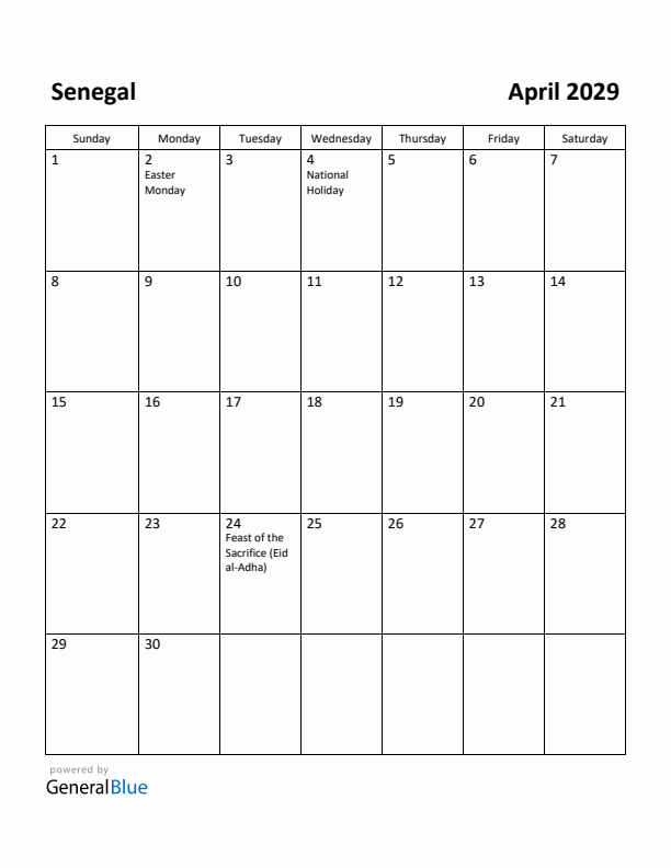 April 2029 Calendar with Senegal Holidays