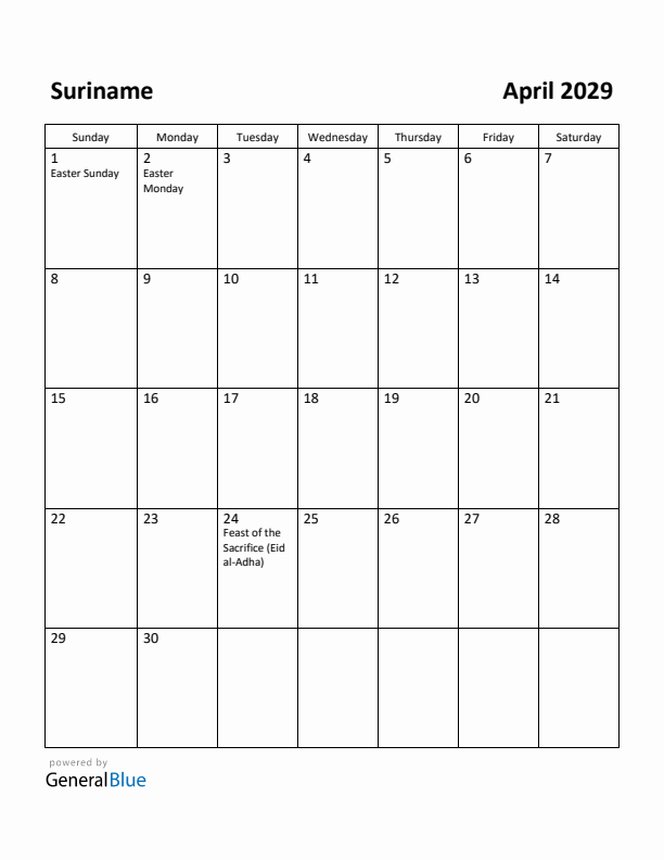 April 2029 Calendar with Suriname Holidays