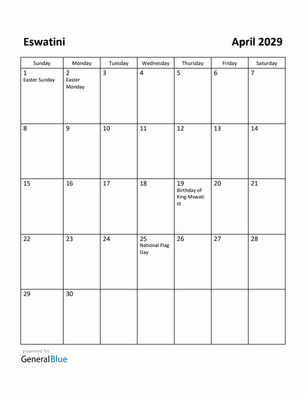 April 2029 Calendar with Eswatini Holidays