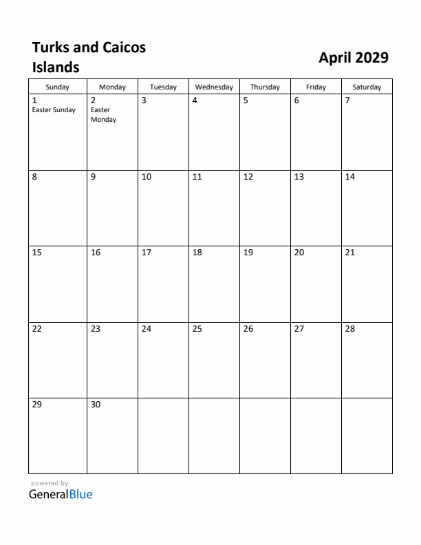 April 2029 Calendar with Turks and Caicos Islands Holidays