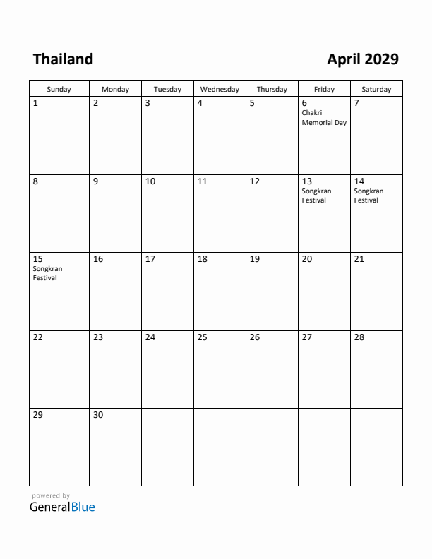 April 2029 Calendar with Thailand Holidays