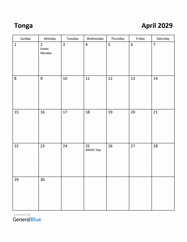 April 2029 Calendar with Tonga Holidays