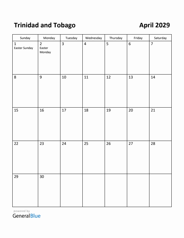 April 2029 Calendar with Trinidad and Tobago Holidays
