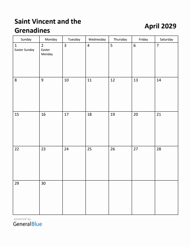 April 2029 Calendar with Saint Vincent and the Grenadines Holidays