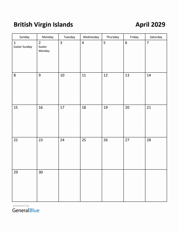 April 2029 Calendar with British Virgin Islands Holidays