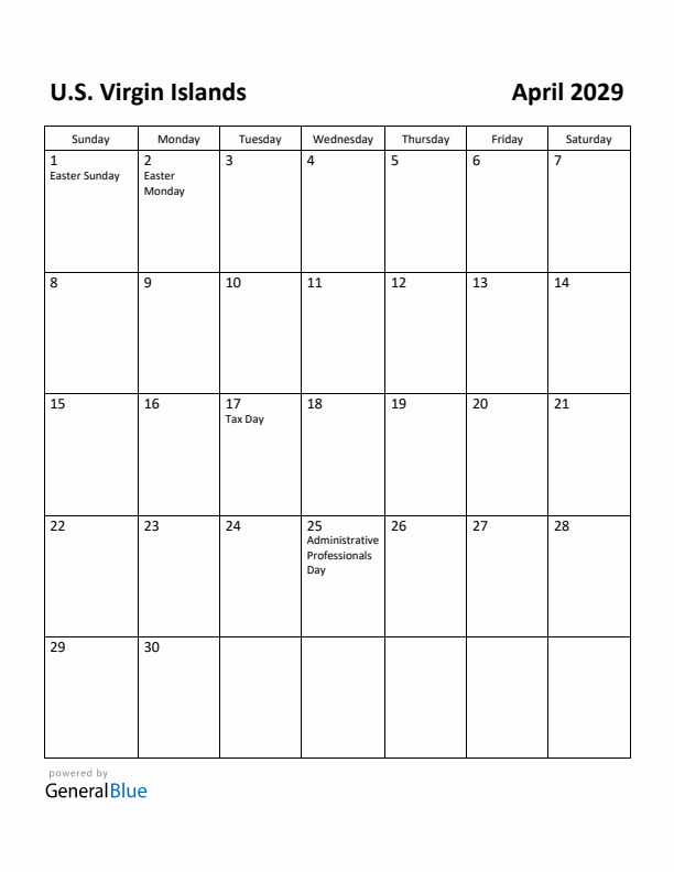 April 2029 Calendar with U.S. Virgin Islands Holidays