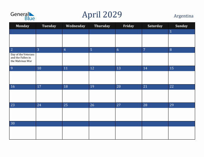 April 2029 Argentina Calendar (Monday Start)
