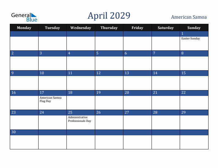 April 2029 American Samoa Calendar (Monday Start)
