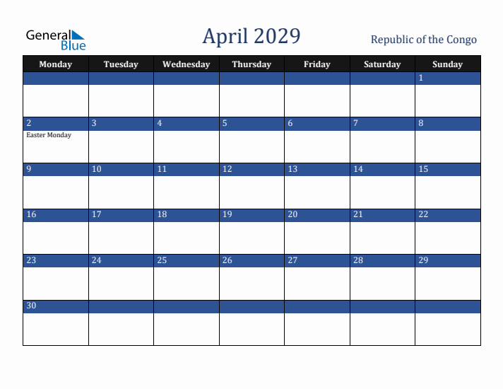 April 2029 Republic of the Congo Calendar (Monday Start)