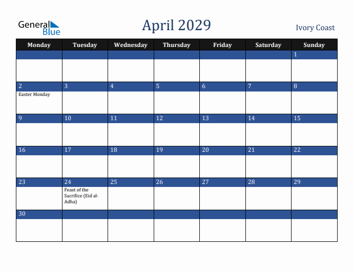 April 2029 Ivory Coast Calendar (Monday Start)