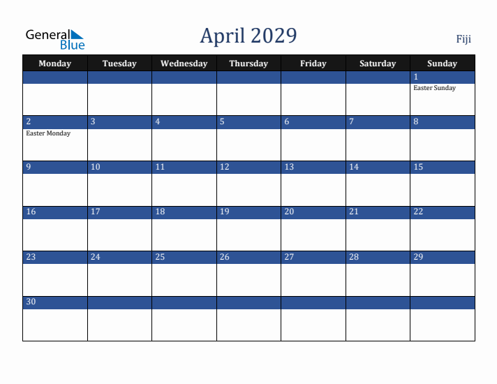 April 2029 Fiji Calendar (Monday Start)