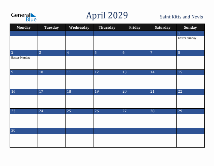 April 2029 Saint Kitts and Nevis Calendar (Monday Start)