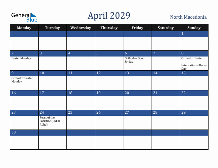 April 2029 North Macedonia Calendar (Monday Start)