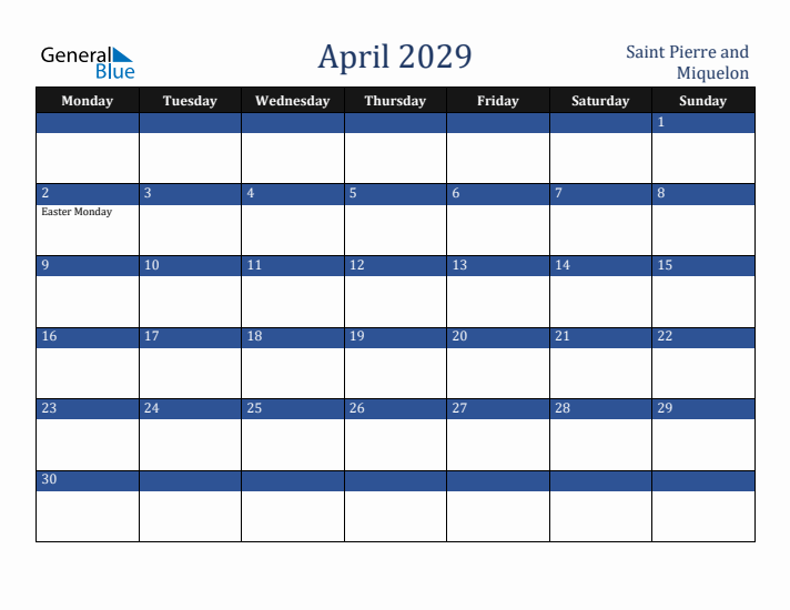 April 2029 Saint Pierre and Miquelon Calendar (Monday Start)