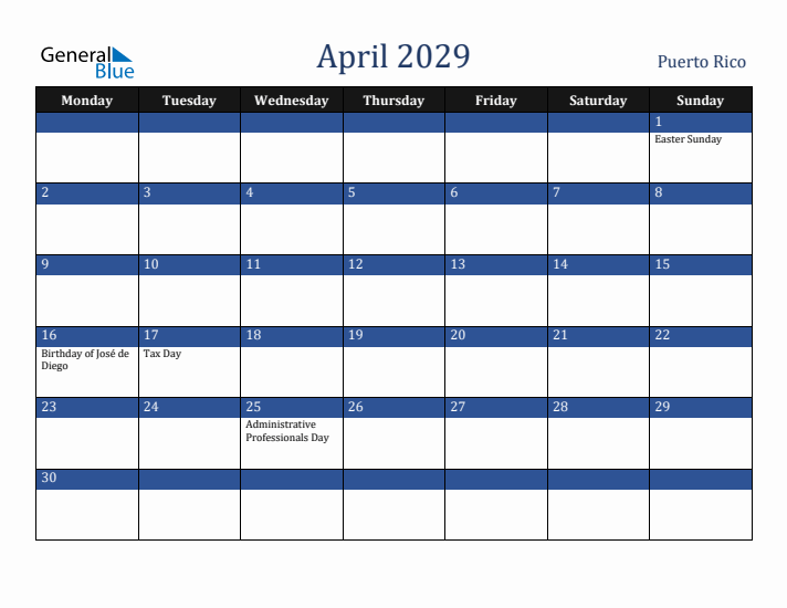 April 2029 Puerto Rico Calendar (Monday Start)