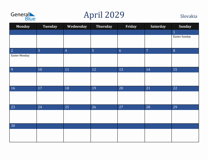 April 2029 Slovakia Calendar (Monday Start)
