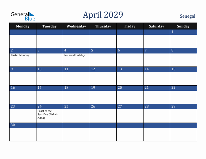 April 2029 Senegal Calendar (Monday Start)