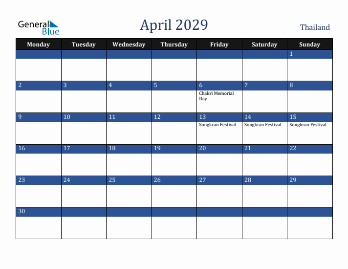 April 2029 Thailand Calendar (Monday Start)