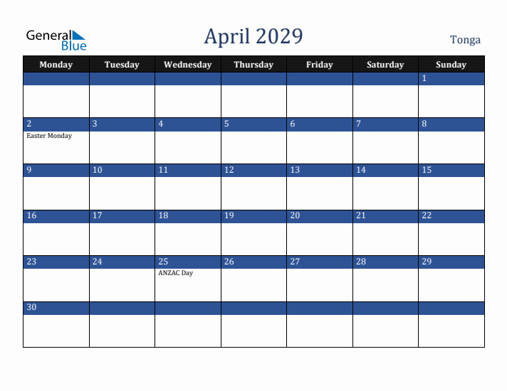 April 2029 Tonga Calendar (Monday Start)