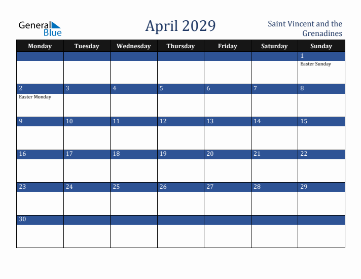 April 2029 Saint Vincent and the Grenadines Calendar (Monday Start)
