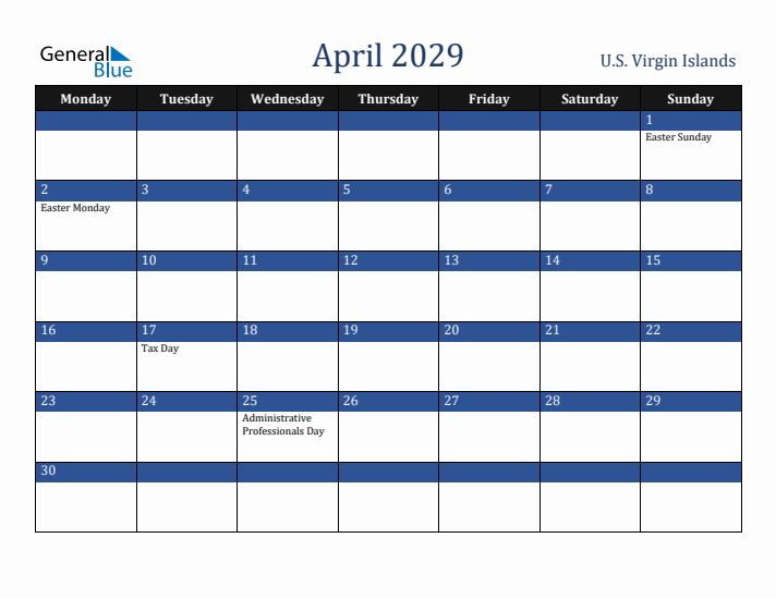 April 2029 U.S. Virgin Islands Calendar (Monday Start)