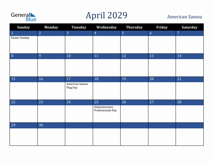 April 2029 American Samoa Calendar (Sunday Start)