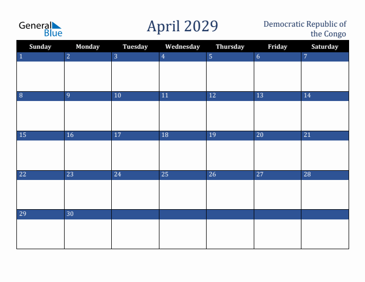 April 2029 Democratic Republic of the Congo Calendar (Sunday Start)