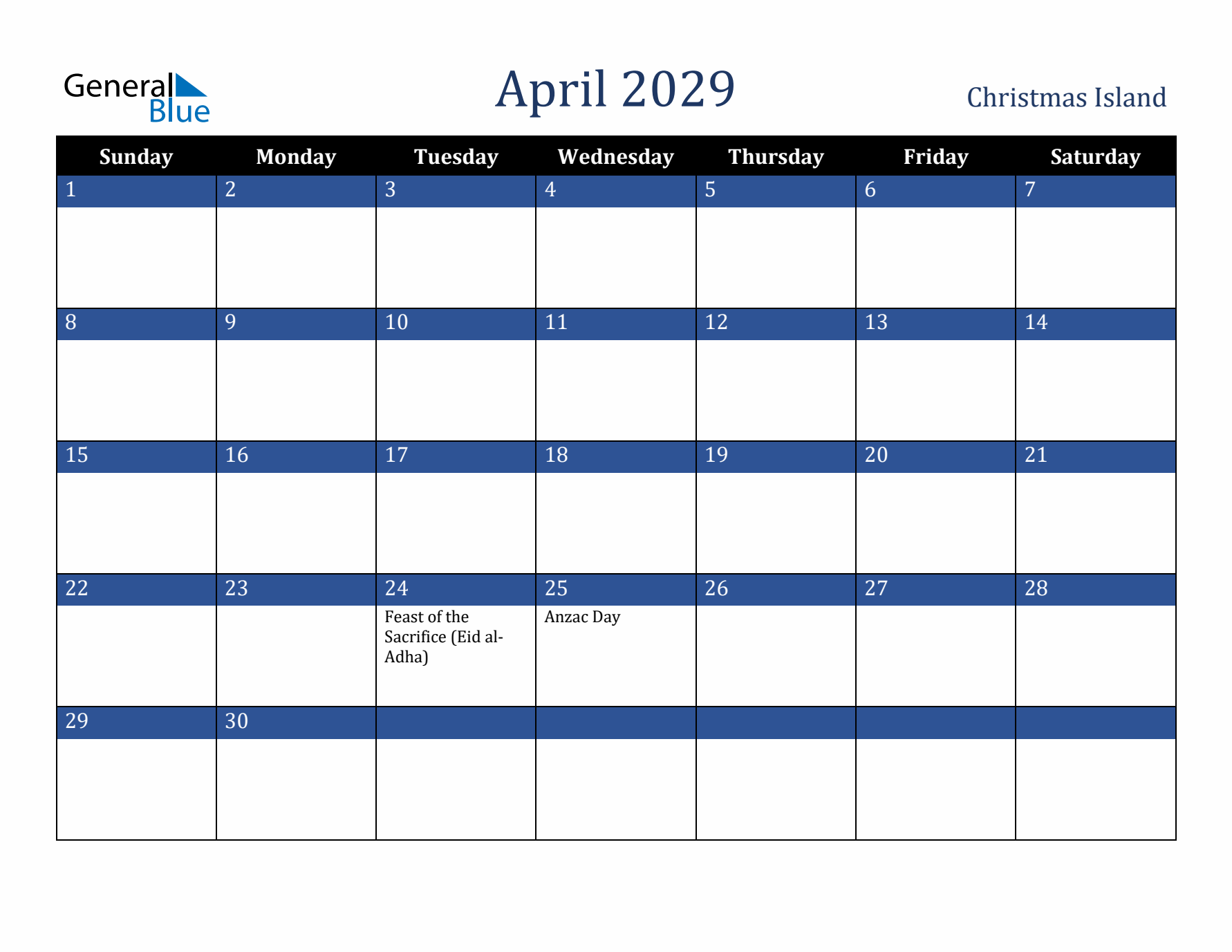 April 2029 Christmas Island Calendar (Sunday Start)