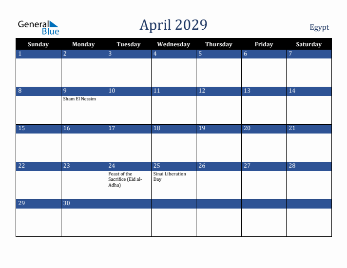 April 2029 Egypt Calendar (Sunday Start)