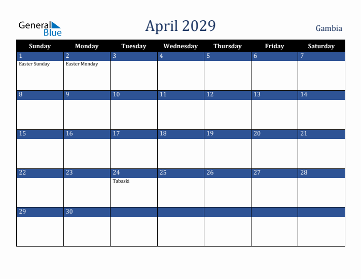 April 2029 Gambia Calendar (Sunday Start)