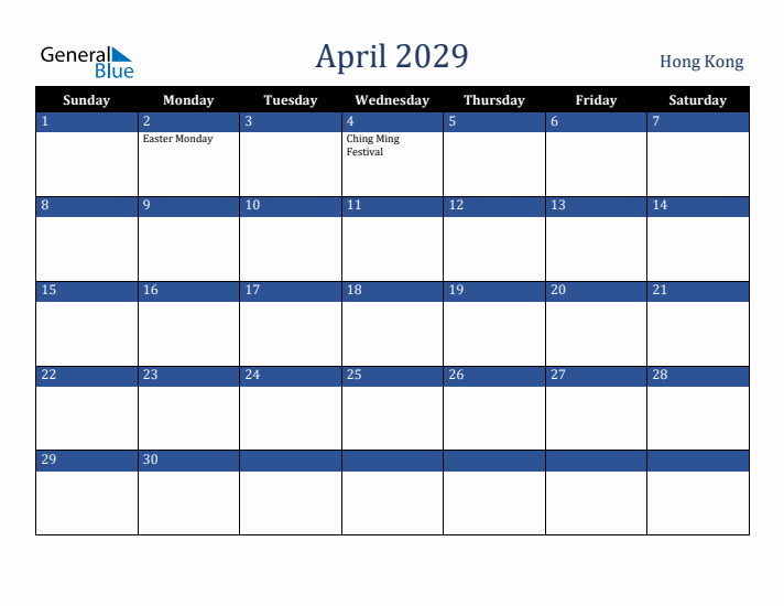 April 2029 Hong Kong Calendar (Sunday Start)