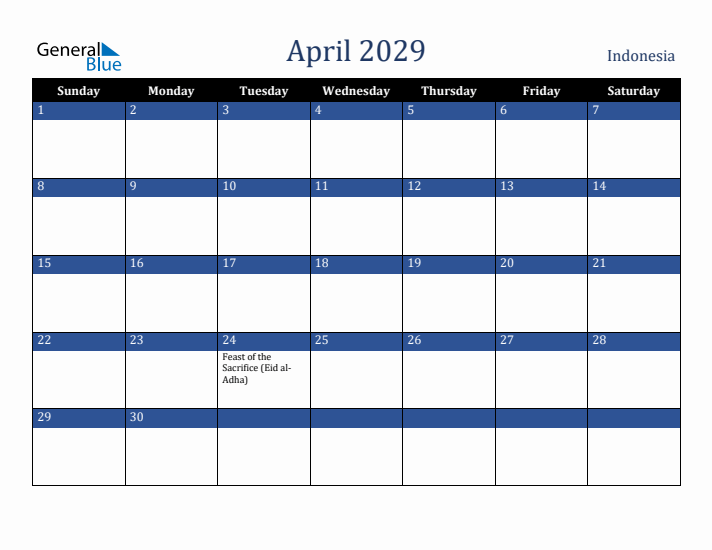 April 2029 Indonesia Calendar (Sunday Start)