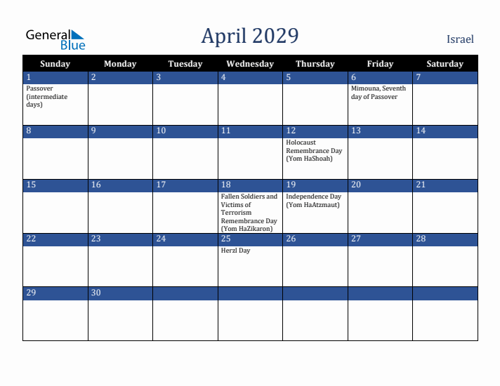 April 2029 Israel Calendar (Sunday Start)