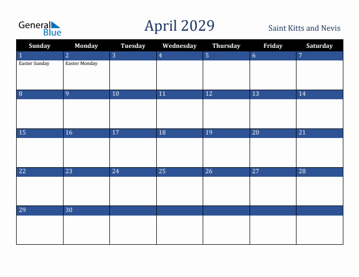 April 2029 Saint Kitts and Nevis Calendar (Sunday Start)
