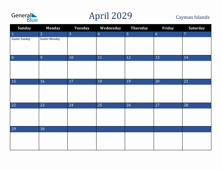April 2029 Cayman Islands Calendar (Sunday Start)