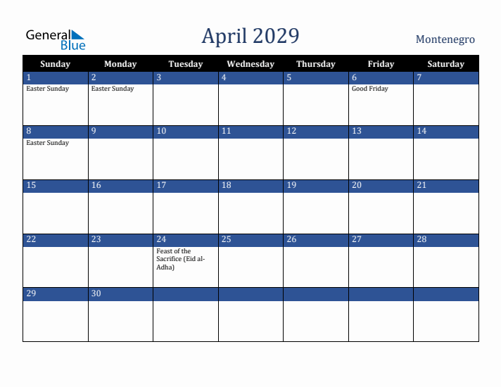 April 2029 Montenegro Calendar (Sunday Start)