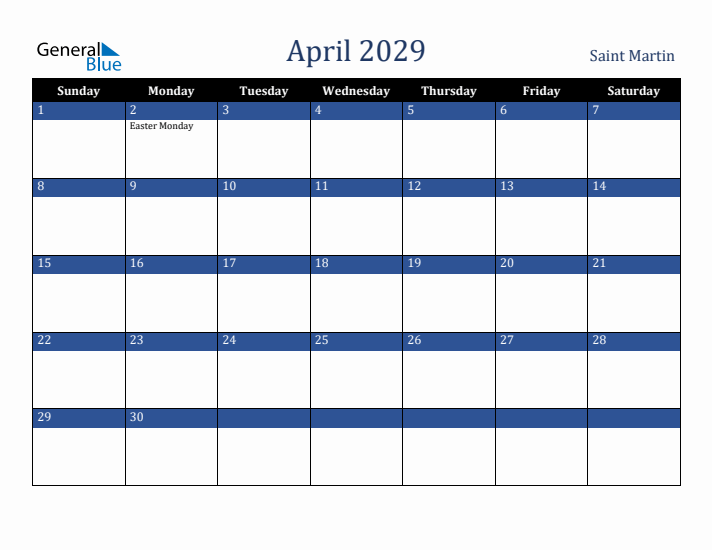 April 2029 Saint Martin Calendar (Sunday Start)