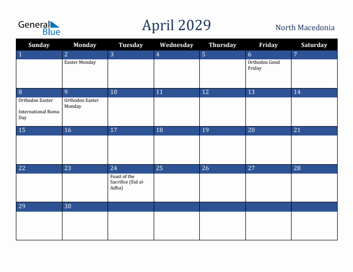 April 2029 North Macedonia Calendar (Sunday Start)