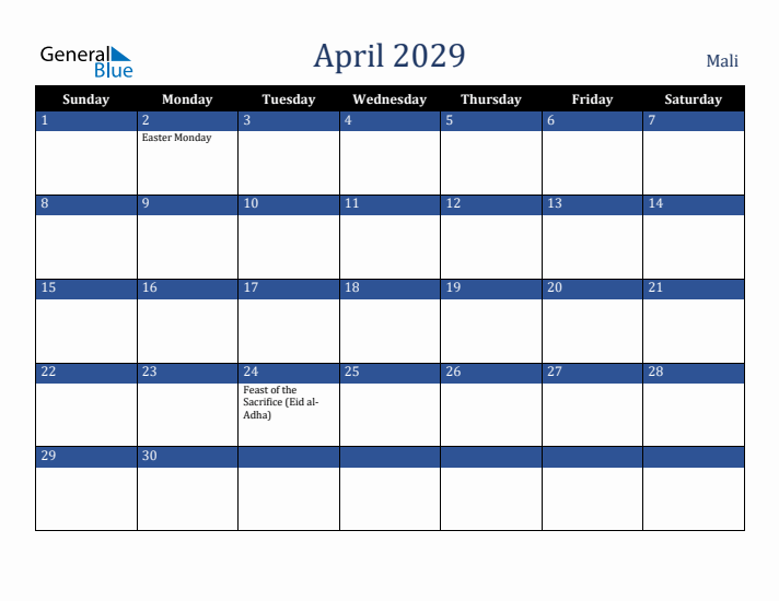 April 2029 Mali Calendar (Sunday Start)