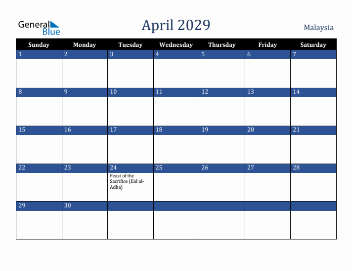 April 2029 Malaysia Calendar (Sunday Start)