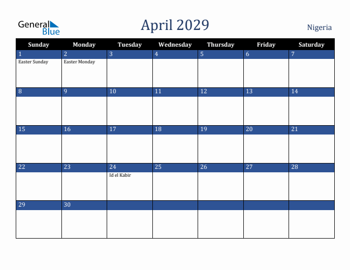April 2029 Nigeria Calendar (Sunday Start)