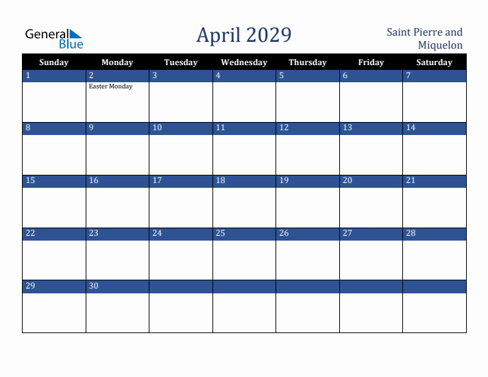 April 2029 Saint Pierre and Miquelon Calendar (Sunday Start)