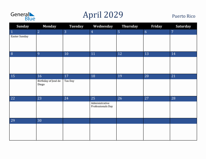 April 2029 Puerto Rico Calendar (Sunday Start)