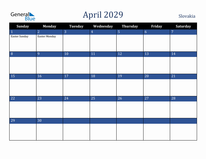 April 2029 Slovakia Calendar (Sunday Start)