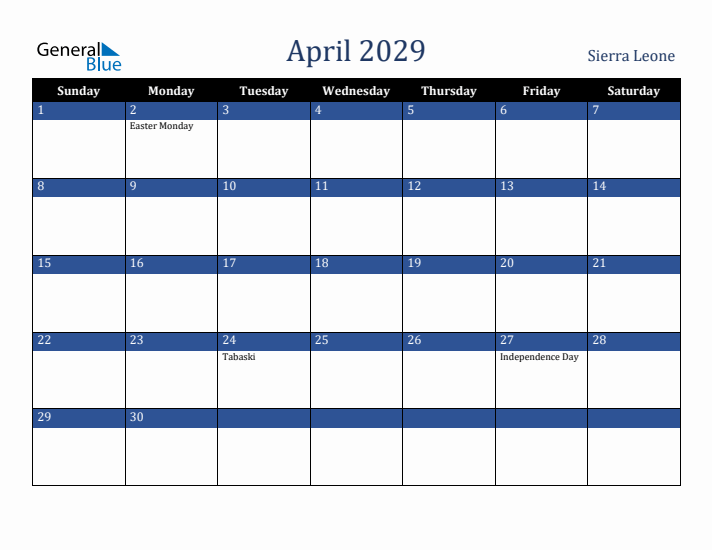 April 2029 Sierra Leone Calendar (Sunday Start)